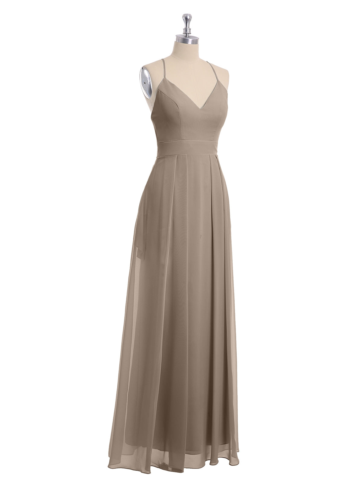 Spaghetti Strap V-neck Chiffon Gowns with Pocket-Taupe