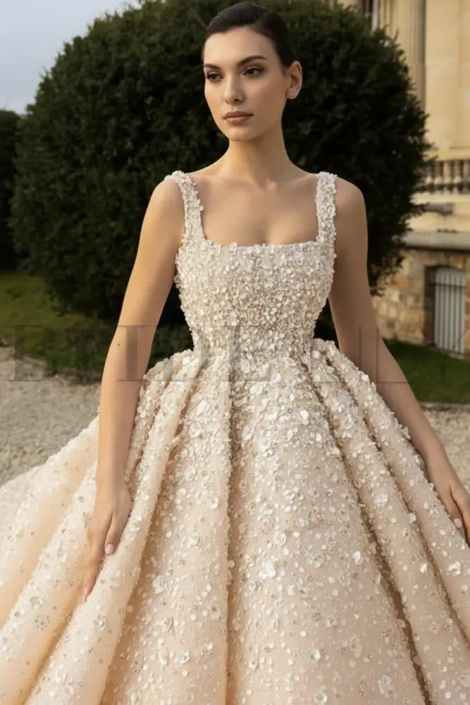 Luxury Square Neck Sequins Ball Gown Wedding Dress | Sleeveless Bridal Gown with Cathedral Train