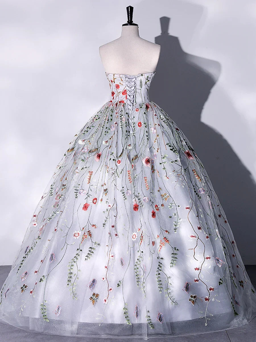 Lovely Strapless Floral Tulle Long Prom Dress, Gray A-Line Evening Party Dress HZ1024