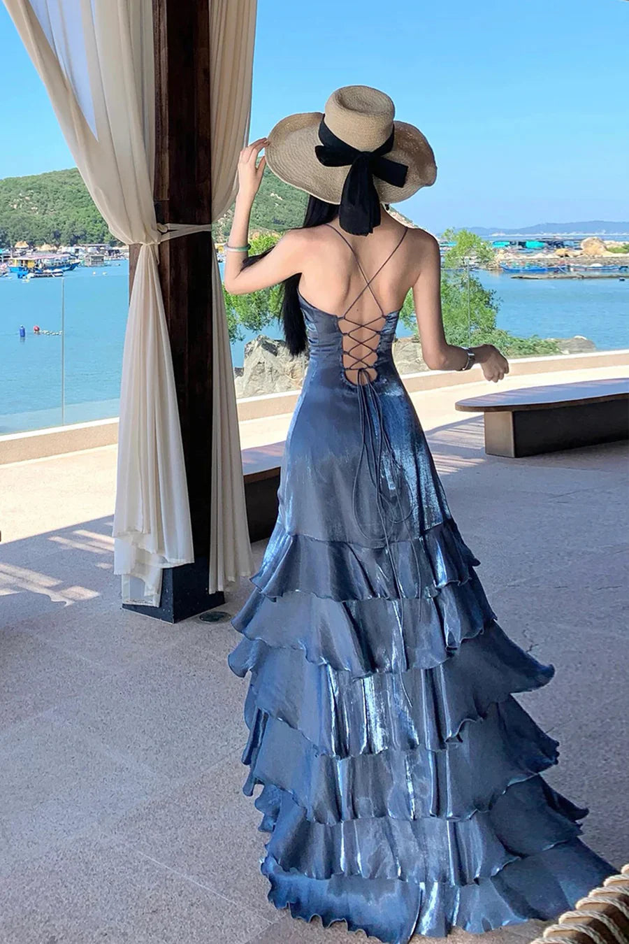 Elegant Deep Slate Blue Spaghetti Strap High-Slit Crisscross Lace-Up Open Back Tiered Satin Long Prom Dress Evening Dress cc5408