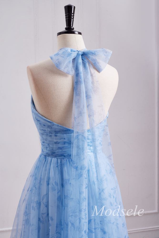 Blue Print Halter Long Bridesmaid Dress with Rosette