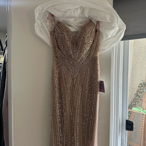 Luxurious Sparkling Champagne V-Neck Beaded Sequin Mermaid Tulle Train Prom Dress Evening Dress cc5597