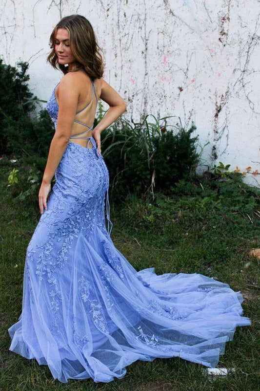 Mermaid Backless Blue Lace Long Prom Dresses, Mermaid Blue Formal Dresses, Blue Lace Evening Dresses