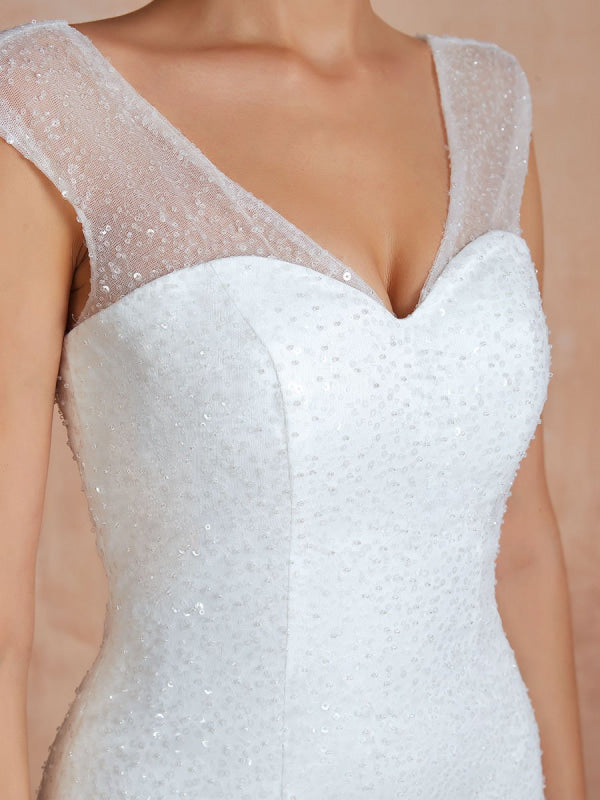 Mermaid Wedding Dress Beaded V Neck Sleeveless Bridal Gowns With Train