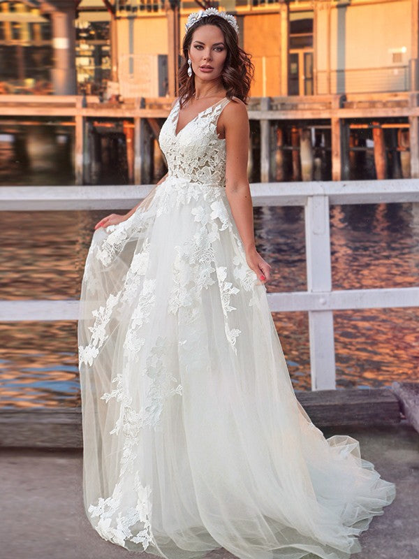 Aimishang A-Line/Princess Tulle Sleeveless Applique V-neck Sweep/Brush Train Wedding Dresses