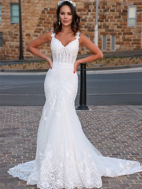 Aimishang Trumpet/Mermaid Tulle V-neck Sleeveless Applique Sweep/Brush Train Wedding Dresses