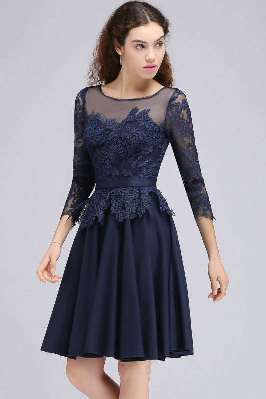 Modest 3/4 Sleeves Short Navy Blue Bridesmaid Dresses Lace Appliques Formal Dress