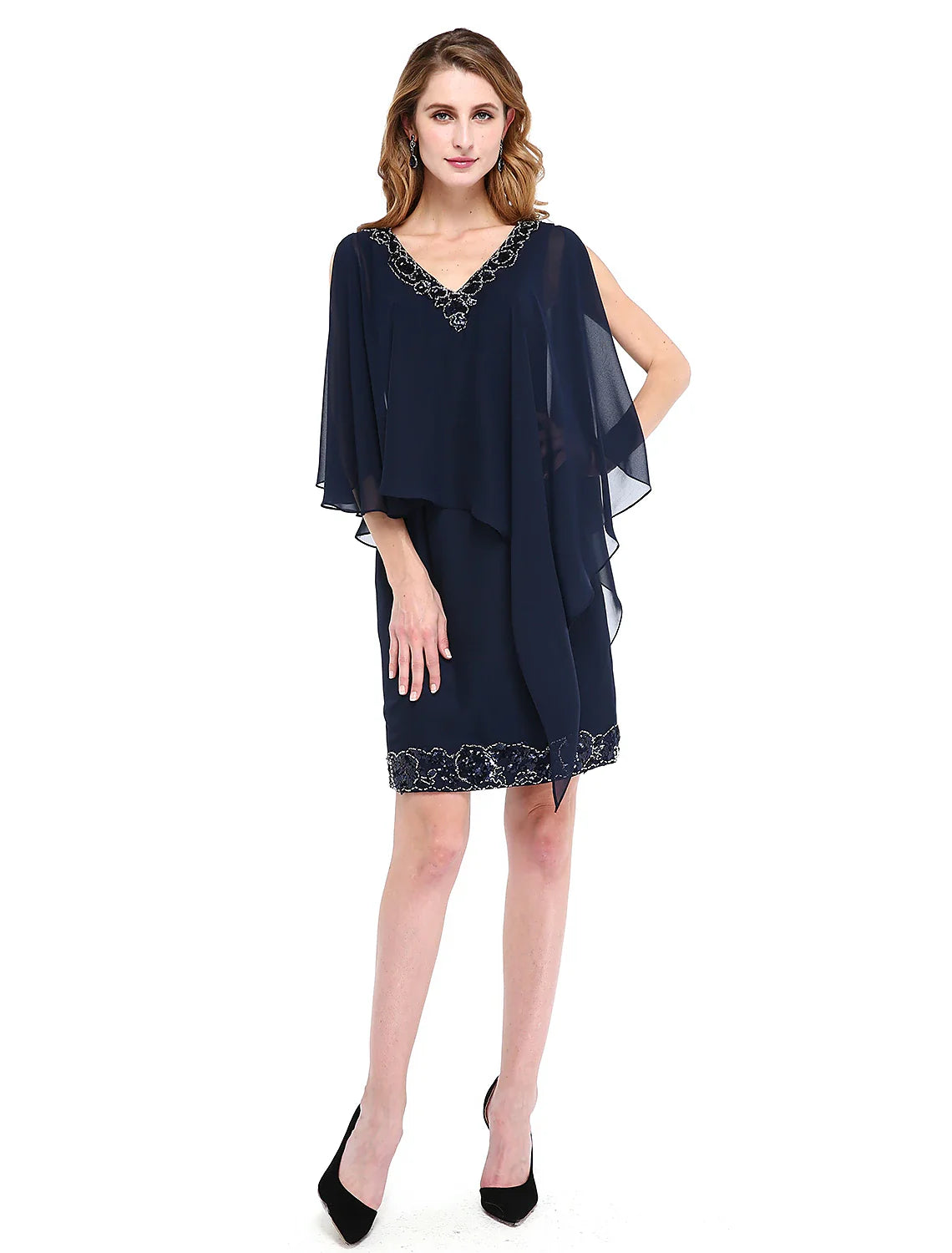 Aimishang Sheath / Column Mother of the Bride Dress V Neck Knee Length Chiffon Sleeveless No with Beading Sequin