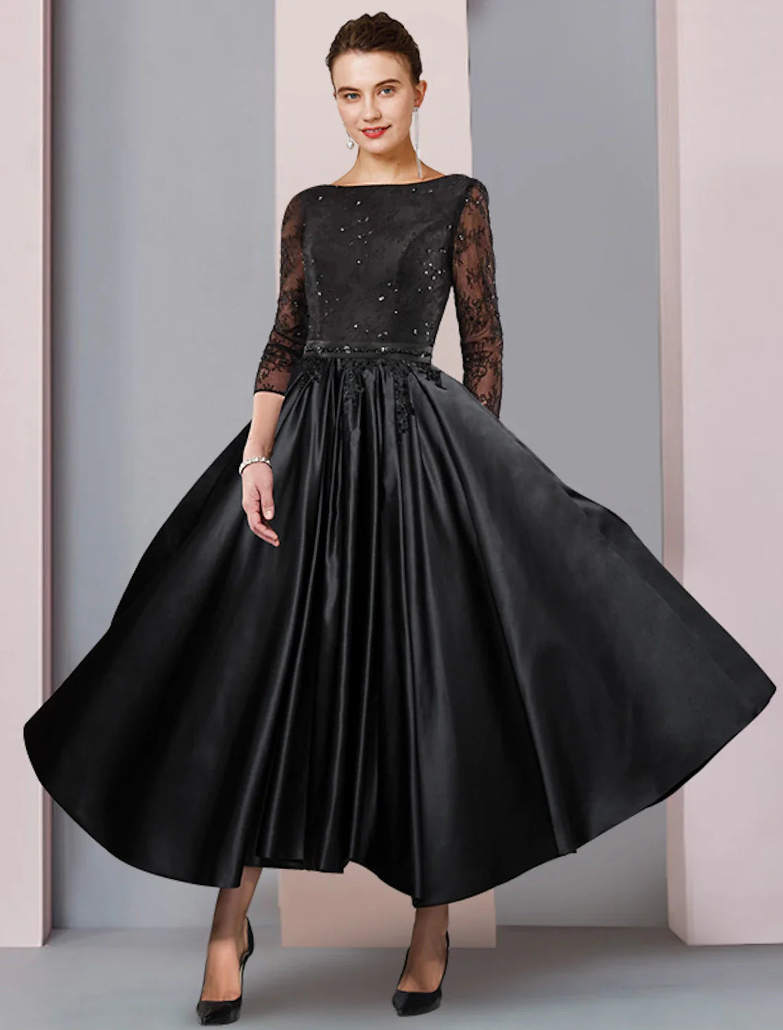 Aimishang A-Line Mother of the Bride Dress Formal Wedding Guest Party Elegant Scoop Neck Tea Length Satin Lace 3/4 Length Sleeve with Sash / Ribbon Pleats