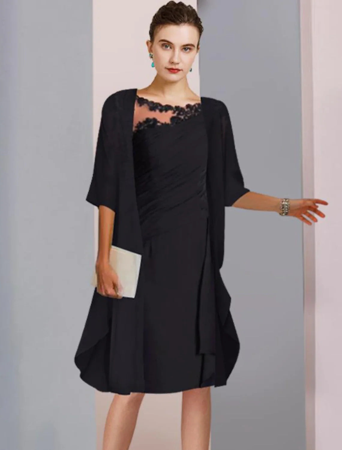 Aimishang Two Piece A-Line Mother of the Bride Dress Wedding Guest Elegant Scoop Neck Knee Length Chiffon Lace Half Sleeve Wrap Included Jacket Dresses with Ruched Appliques