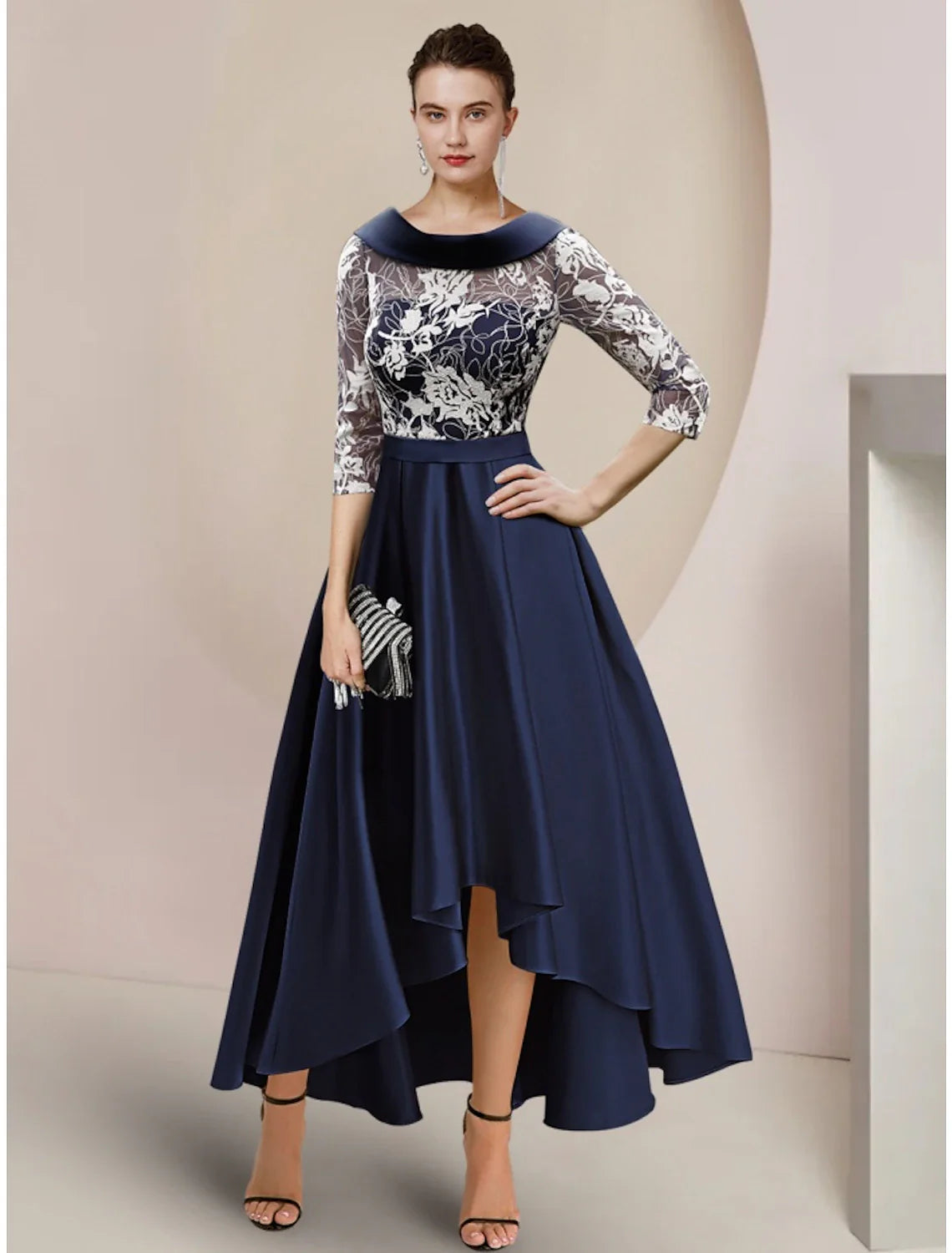 Aimishang A-Line Mother of the Bride Dress Wedding Guest Elegant Scoop Neck Asymmetrical Ankle Length Satin Lace Half Sleeve with Ruching
