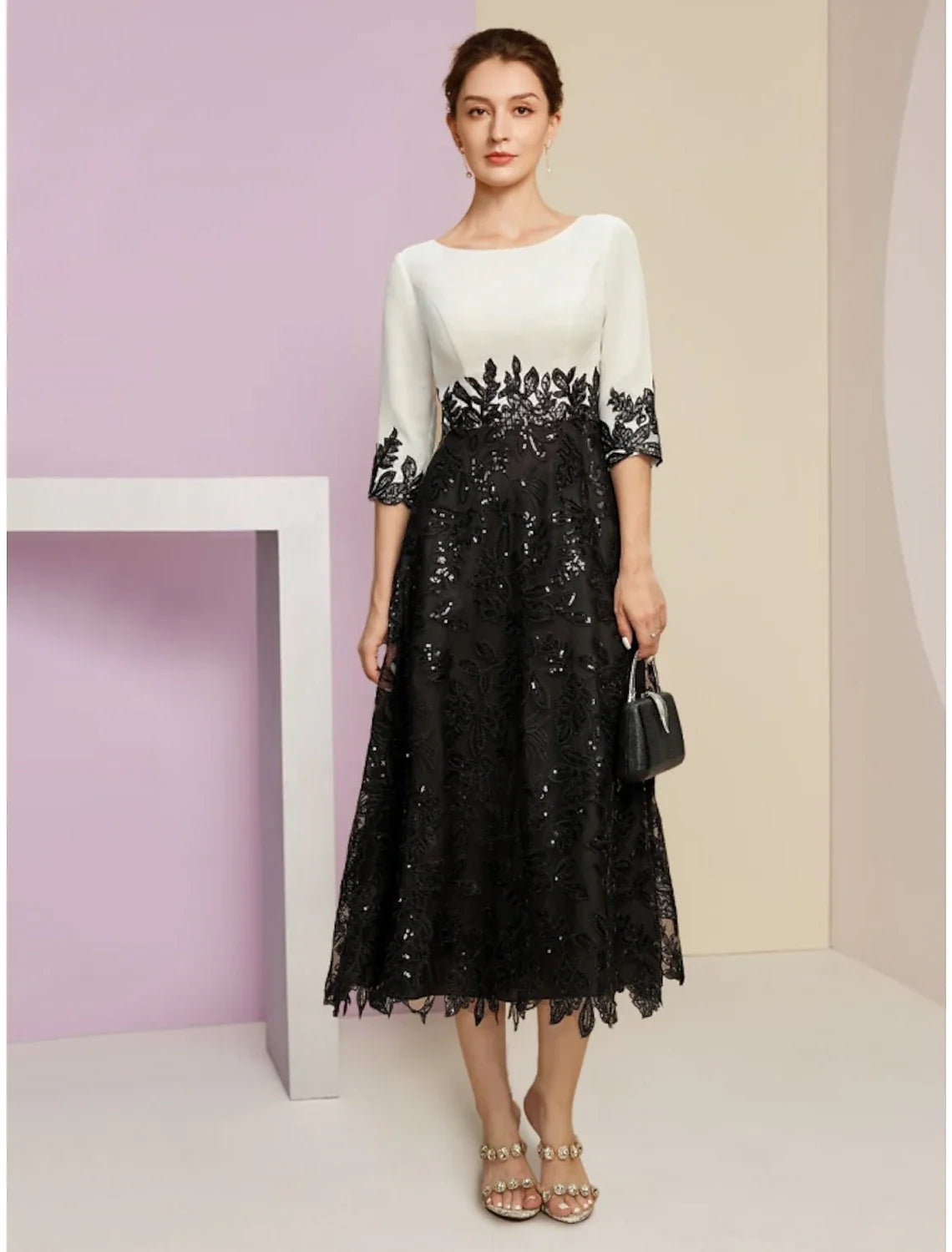 Aimishang A-Line Mother of the Bride Dress Wedding Guest Elegant Scoop Neck Tea Length Stretch Chiffon Half Sleeve with Lace Sequin Ruching