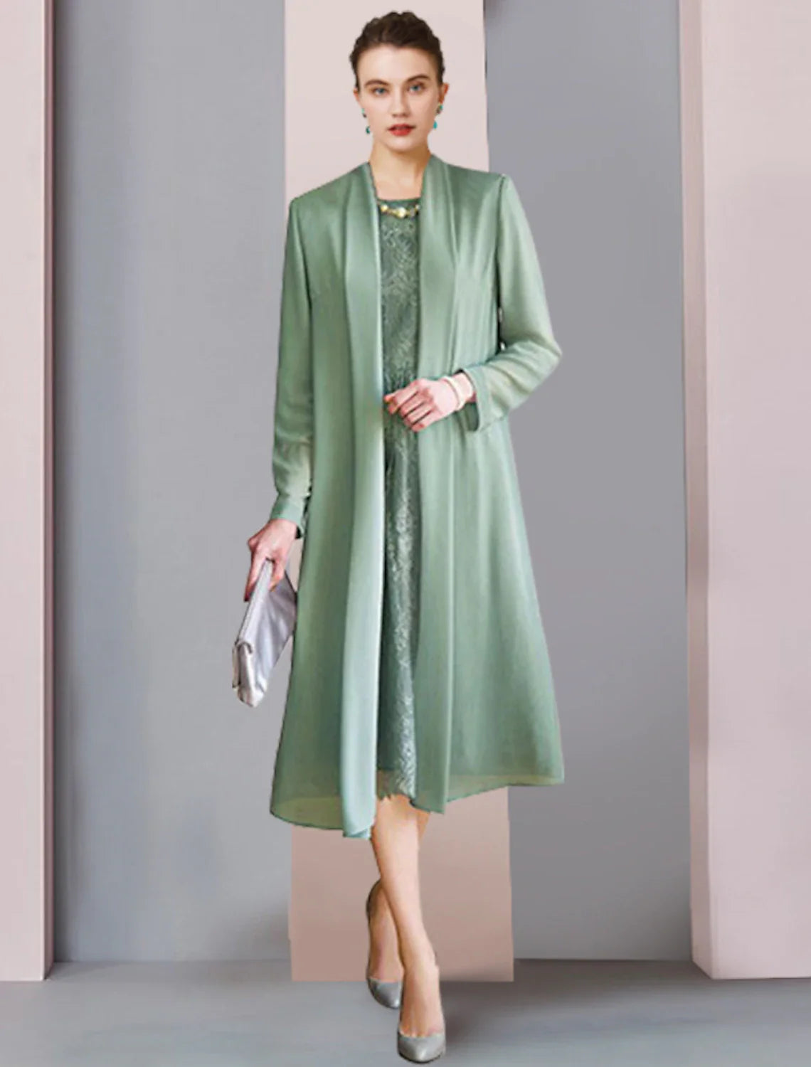Aimishang Two Piece Sheath / Column Mother of the Bride Dress Formal Wedding Guest Party Elegant Scoop Neck Tea Length Chiffon Lace 3/4 Length Sleeve Jacket Dresses with Solid Color