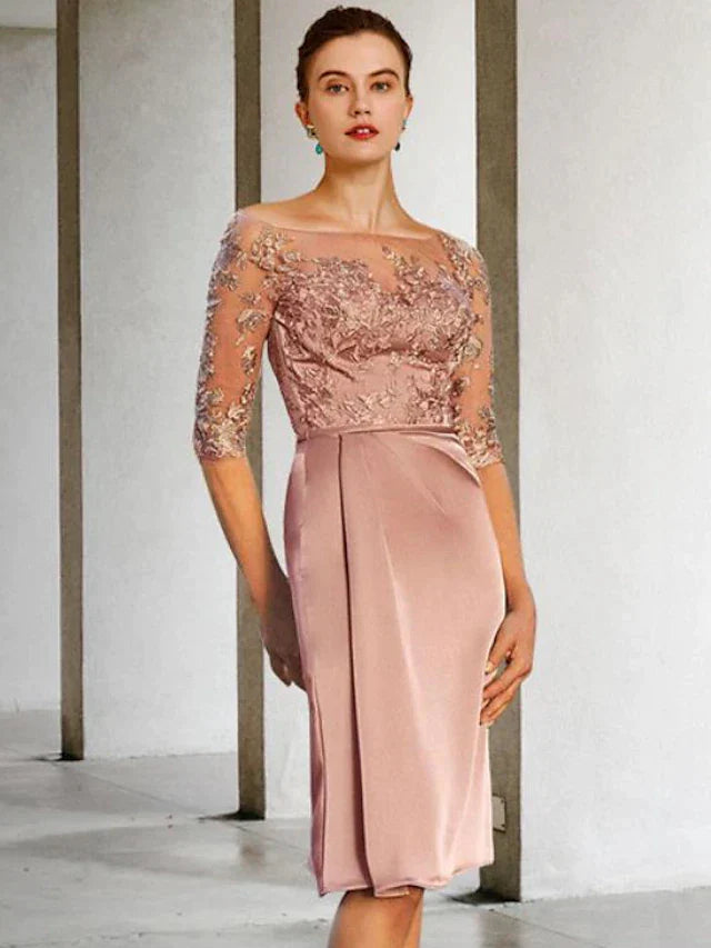 Sheath / Column Mother of the Bride Dress Vintage Elegant Jewel Neck Knee Length Lace Charmeuse Half Sleeve with Appliques Side-Draped
