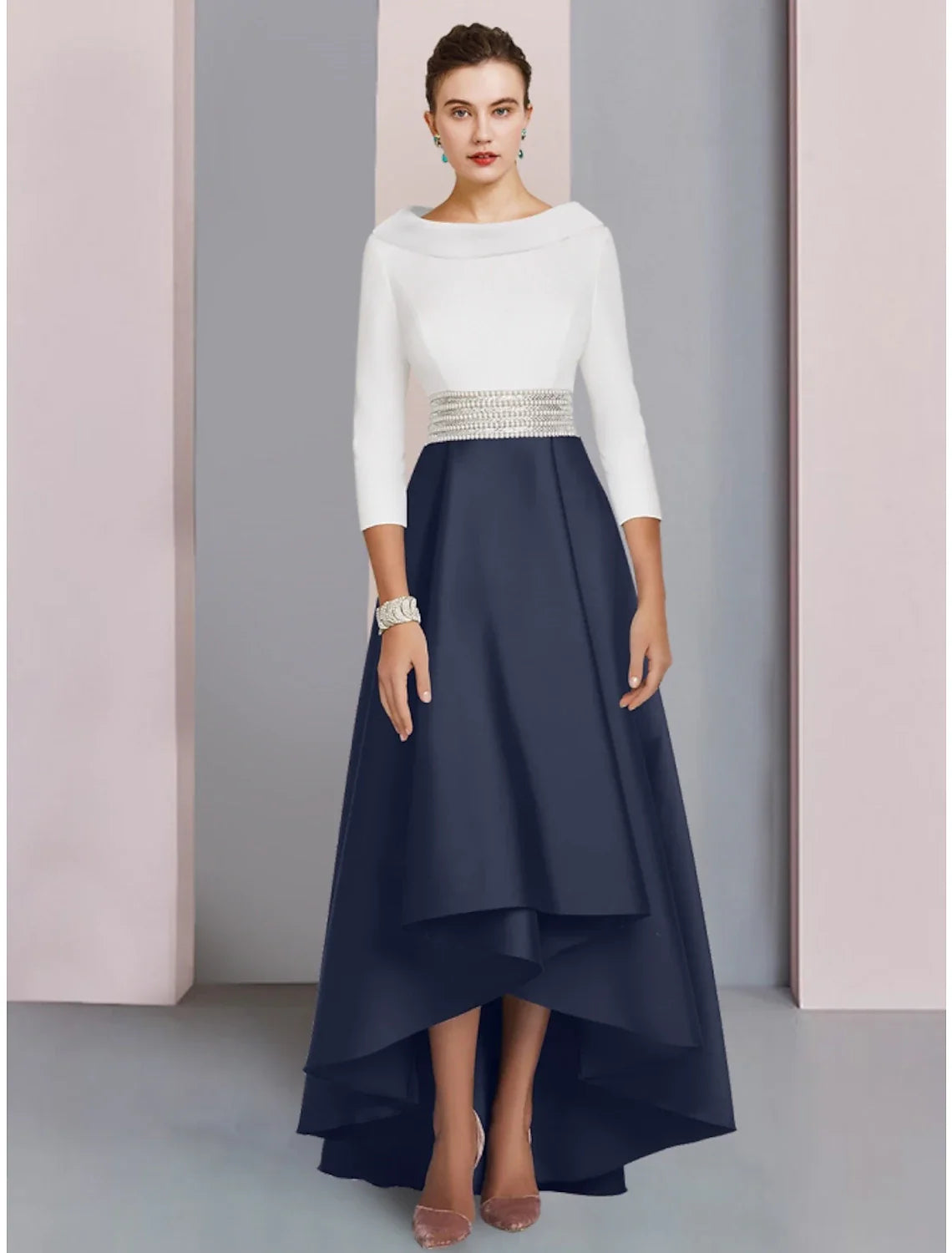 Aimishang A-Line Mother of the Bride Dress Wedding Guest Elegant Scoop Neck Asymmetrical Floor Length Satin 3/4 Length Sleeve with Sequin Ruching