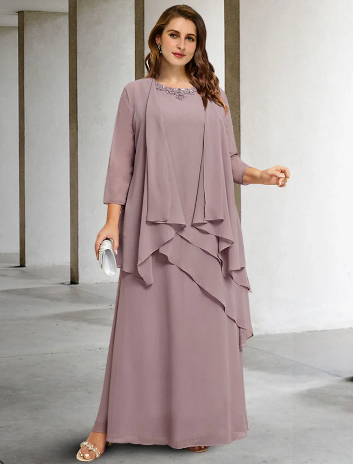 Aimishang Two Piece A-Line Mother of the Bride Dresses Plus Size Hide Belly Curve Elegant Dress Formal Floor Length Sleeveless Jewel Neck Chiffon with Sequin Ruffles Appliques