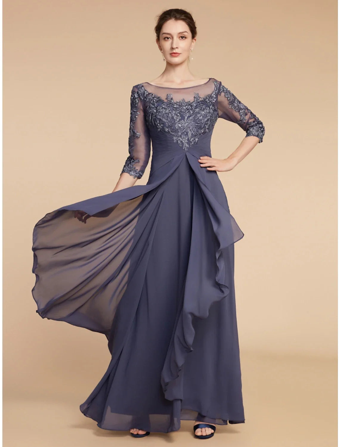 Aimishang Sheath / Column Mother of the Bride Dress Wedding Guest Elegant Vintage Scoop Neck Ankle Length Chiffon Lace Half Sleeve with Ruffles Ruching
