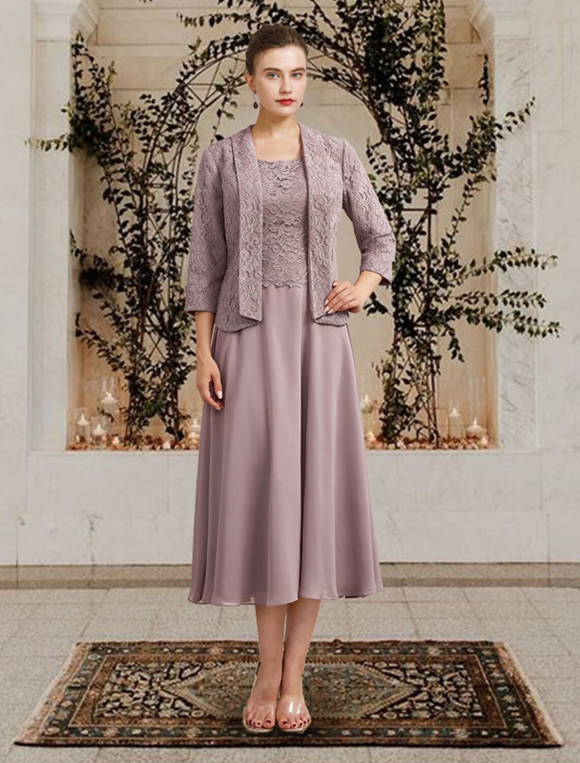 Aimishang Two Piece A-Line Mother of the Bride Dress Church Elegant Jewel Neck Floor Length Tea Length Chiffon Lace Sleeveless Short Jacket Dresses with Ruffles Appliques