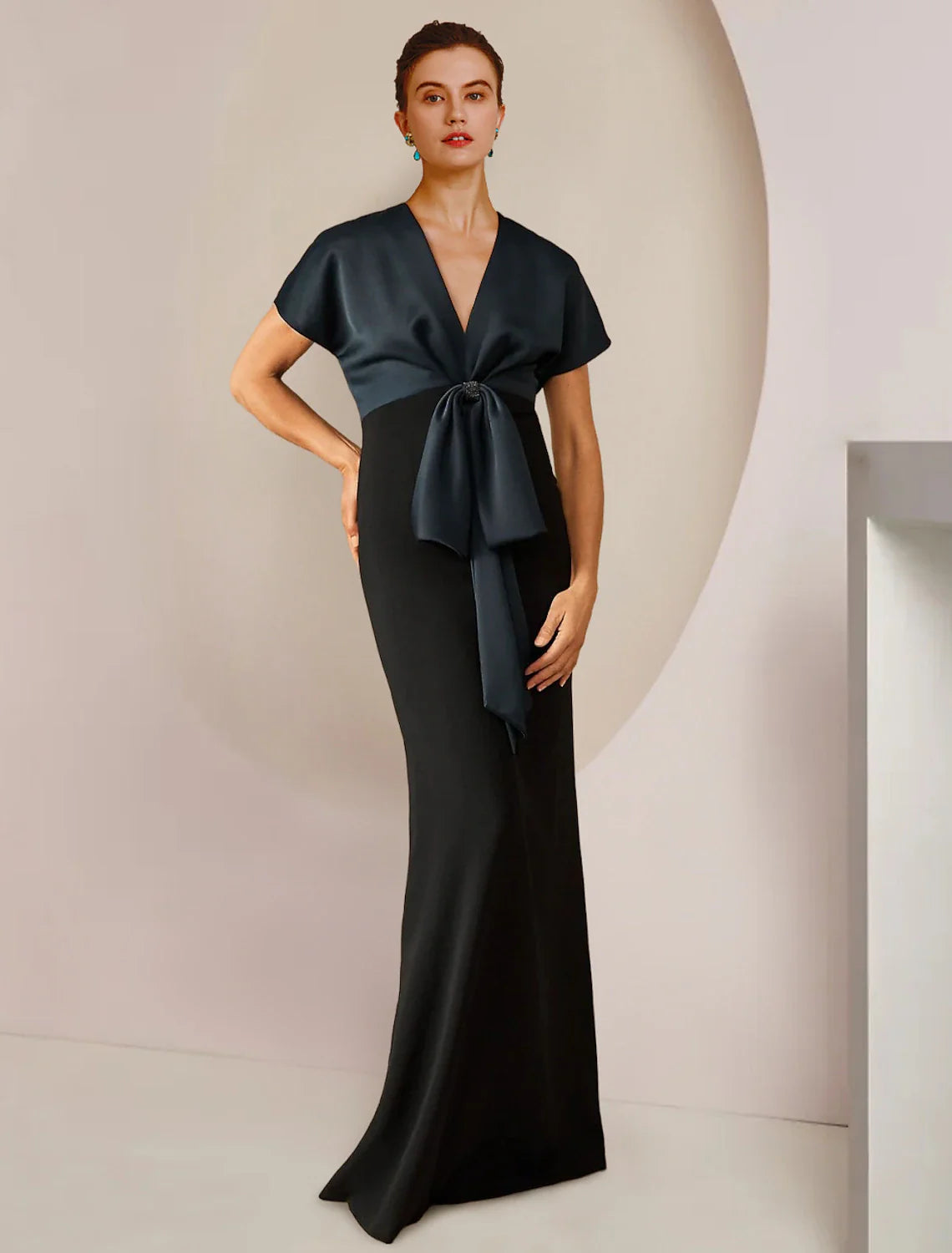 Aimishang Sheath / Column Mother of the Bride Dress Formal Wedding Guest Party Elegant Jewel Neck Floor Length Satin Short Sleeve with Bow(s) Color Block