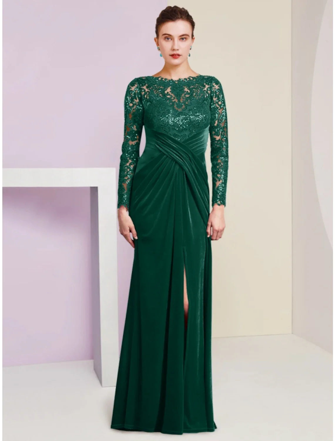 Aimishang A-Line Mother of the Bride Dress Wedding Guest Party Elegant Scoop Neck Floor Length Velvet Long Sleeve with Lace Sequin Split Front