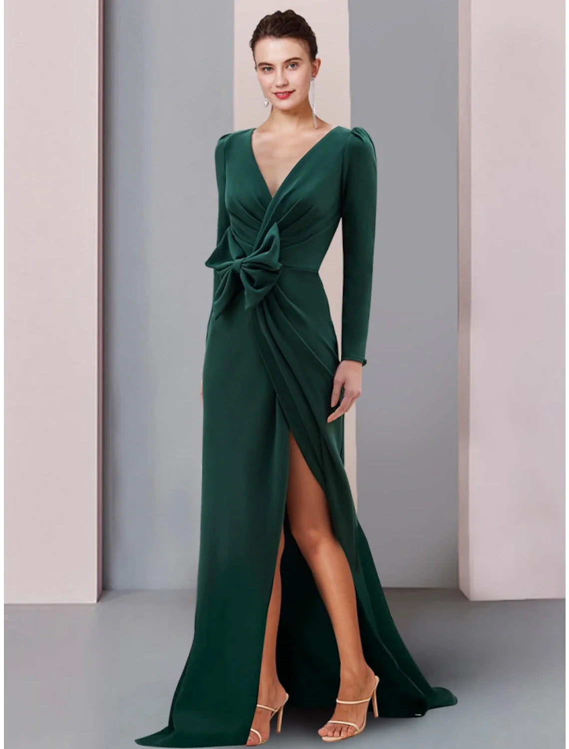 Aimishang A-Line Mother of the Bride Dress Wedding Guest Elegant V Neck Sweep / Brush Train Stretch Fabric Long Sleeve with Bow(s) Split Front Ruching