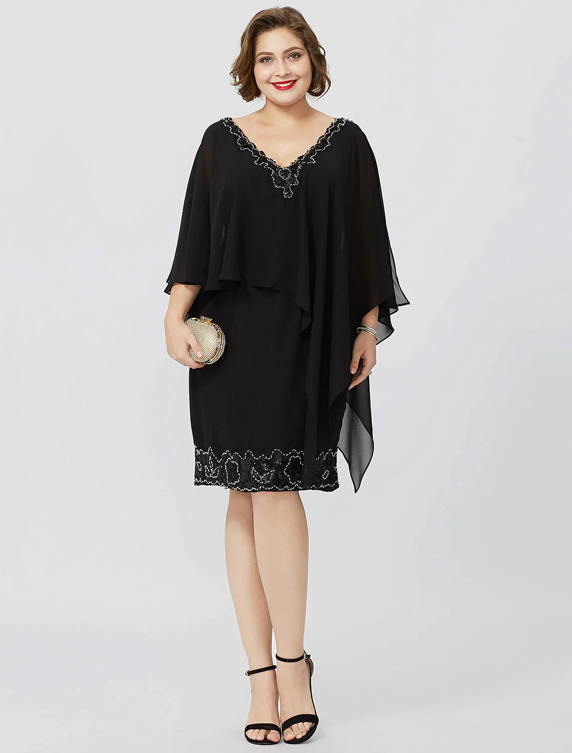 Aimishang Sheath / Column Mother of the Bride Dress Formal Classic & Timeless Elegant & Luxurious Plus Size V Neck Knee Length Chiffon Sleeveless No with Crystals Beading