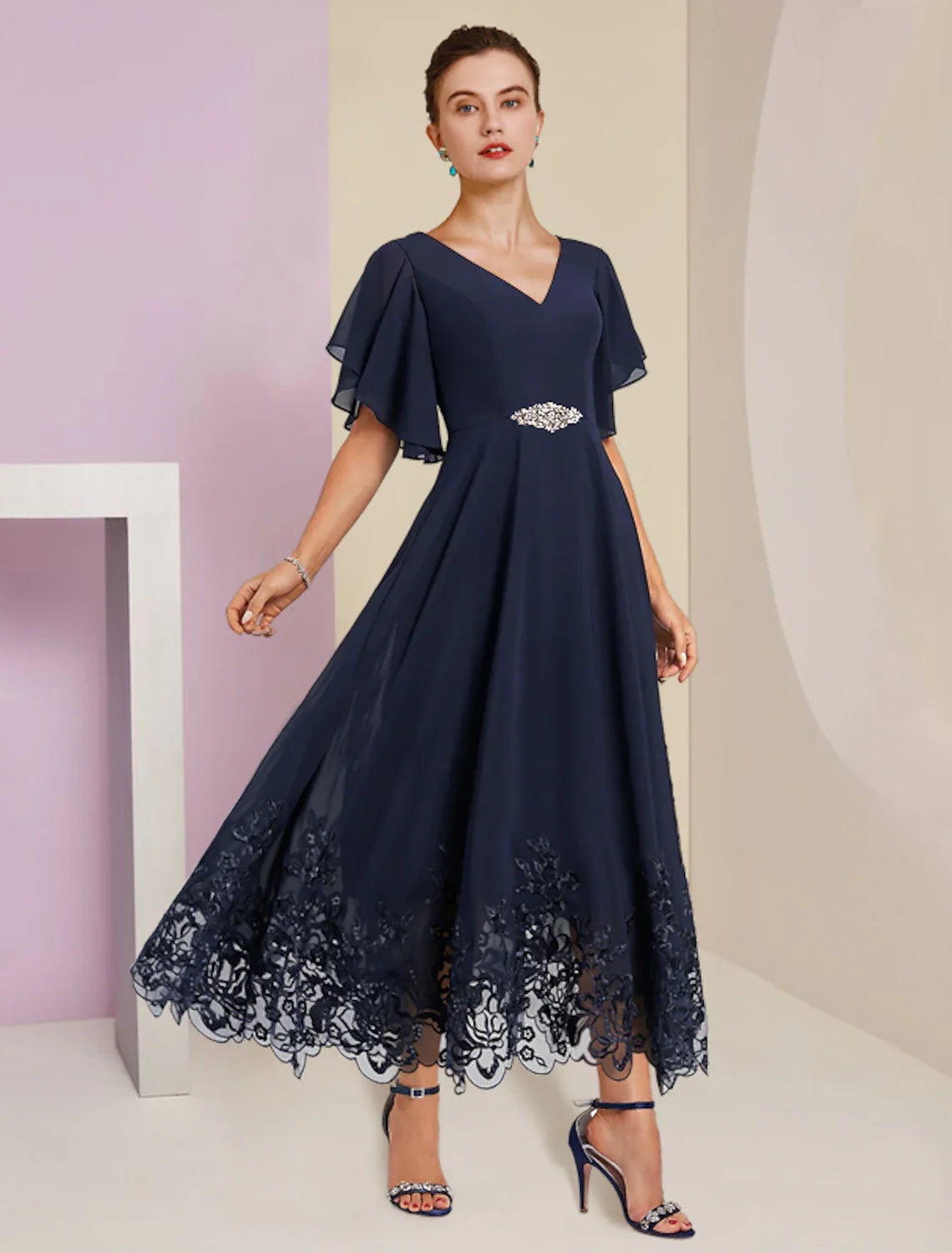 Aimishang A-Line Mother of the Bride Dress Formal Fall Wedding Guest Elegant V Neck Tea Length Chiffon Lace Short Sleeve with Appliques Crystal Brooch