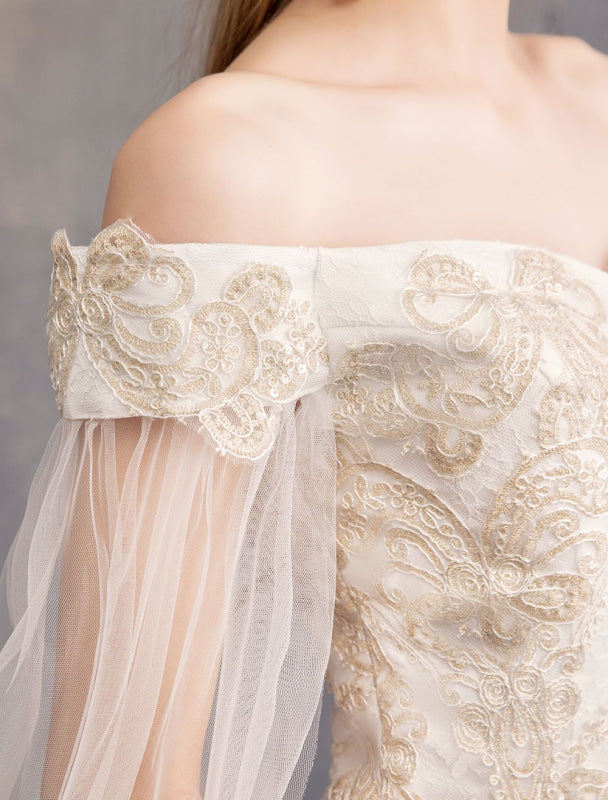 Off The Shoulder Lace Applique Princess Tulle Wedding Gown