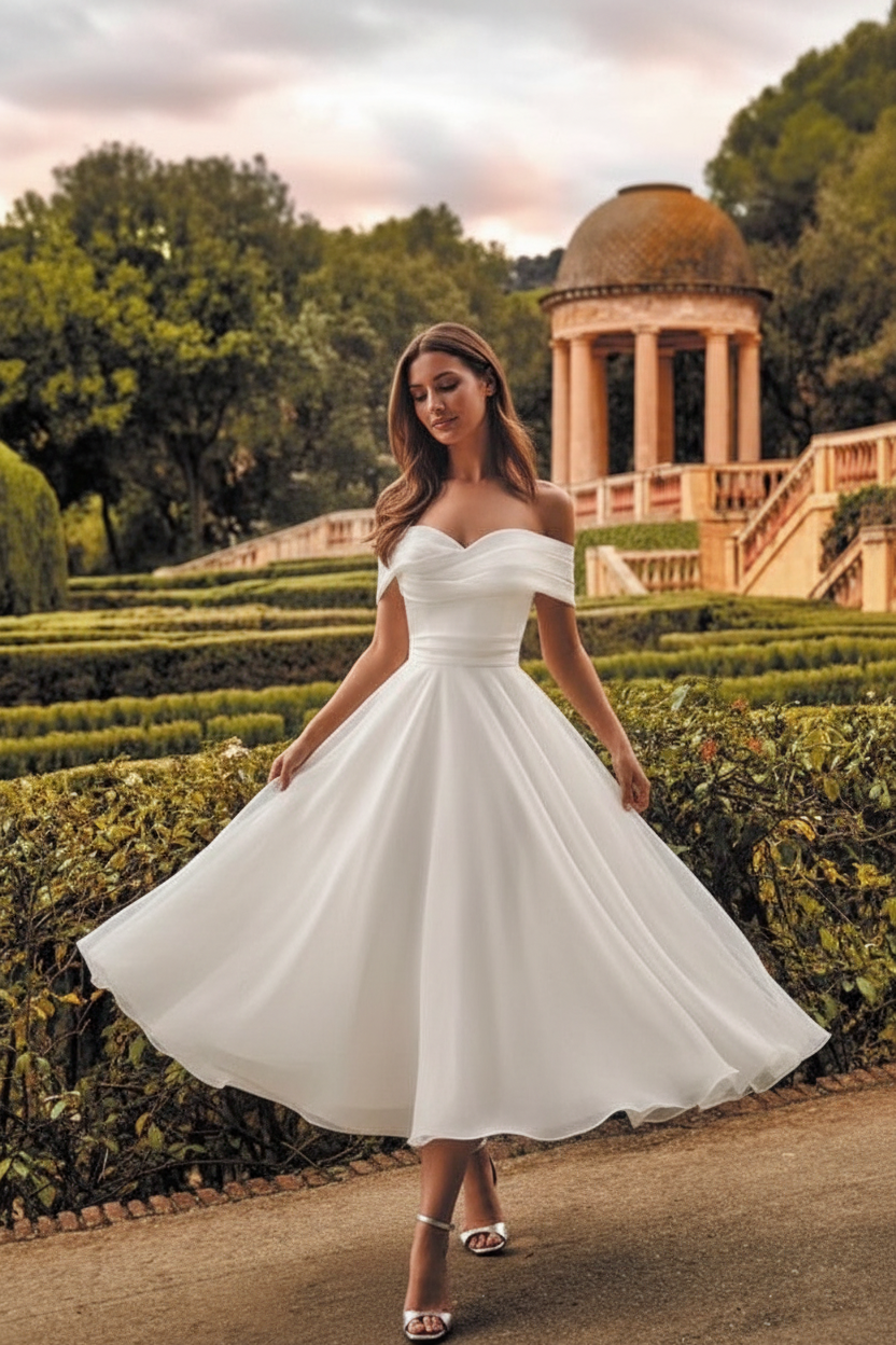 Off-the-Shoulder Tea Length Aline Wedding Dress Tulle Vintage Bridal Dress