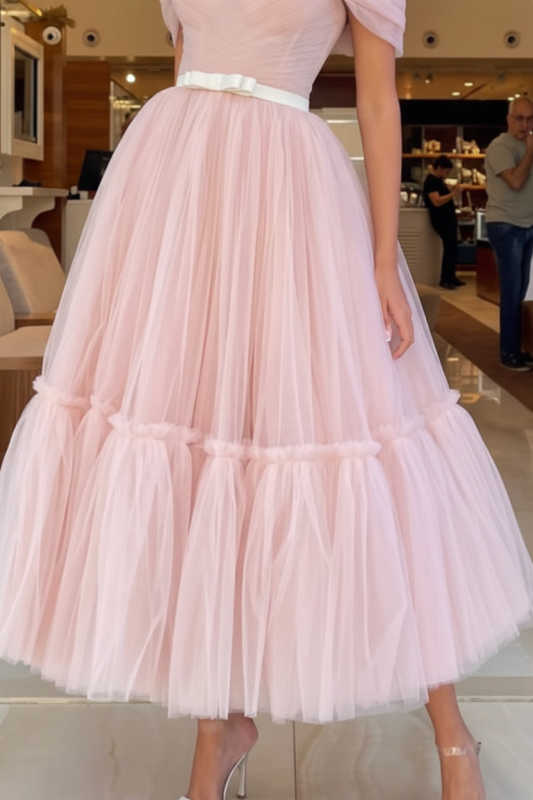 Off-The-Shoulder Tulle Prom Gown Tea Length Sweetheart Blush Pink Evening Dresswith Belts
