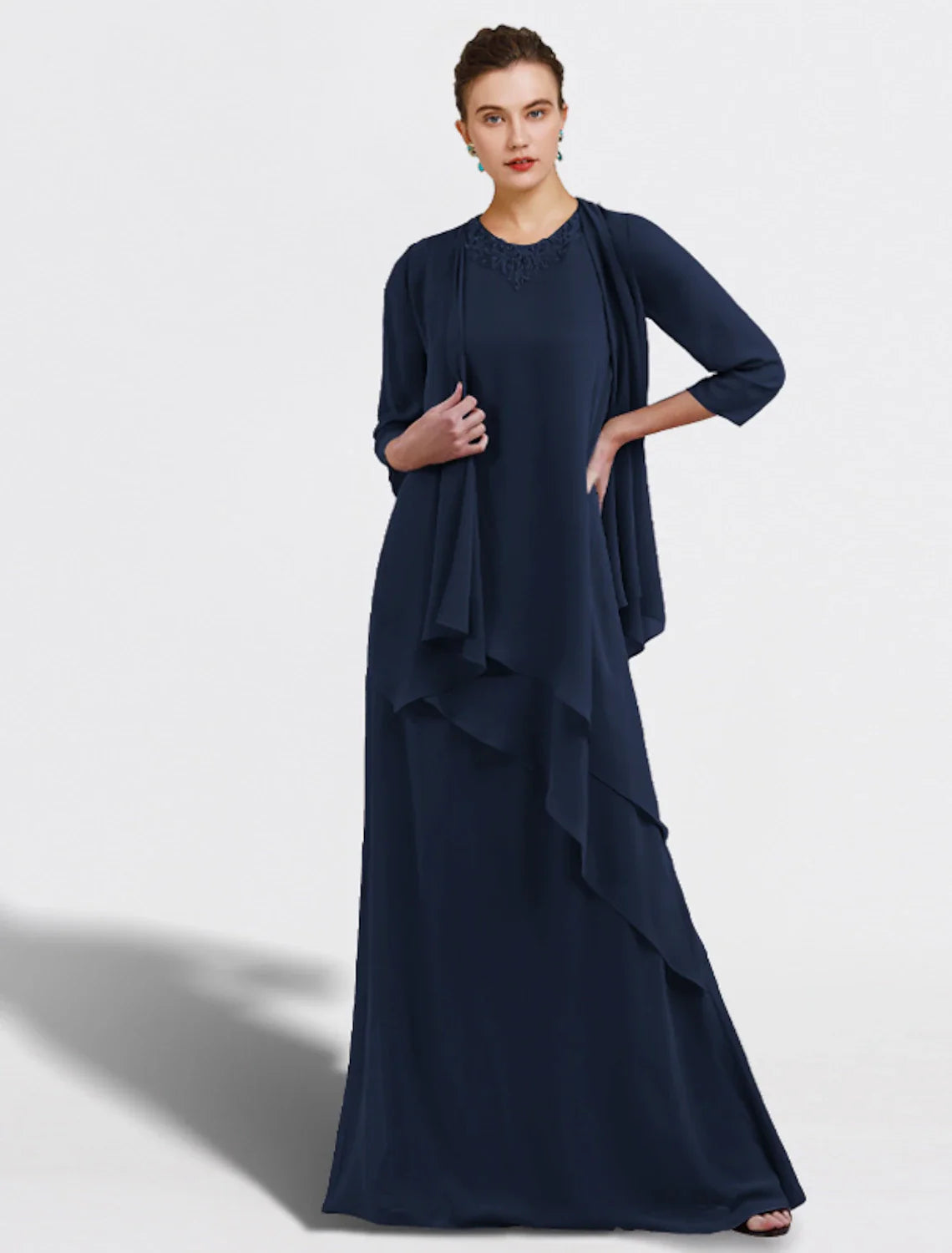 Aimishang Two Piece A-Line Mother of the Bride Dress Plus Size Elegant Jewel Neck Floor Length Chiffon Sleeveless Wrap Included with Ruffles Appliques