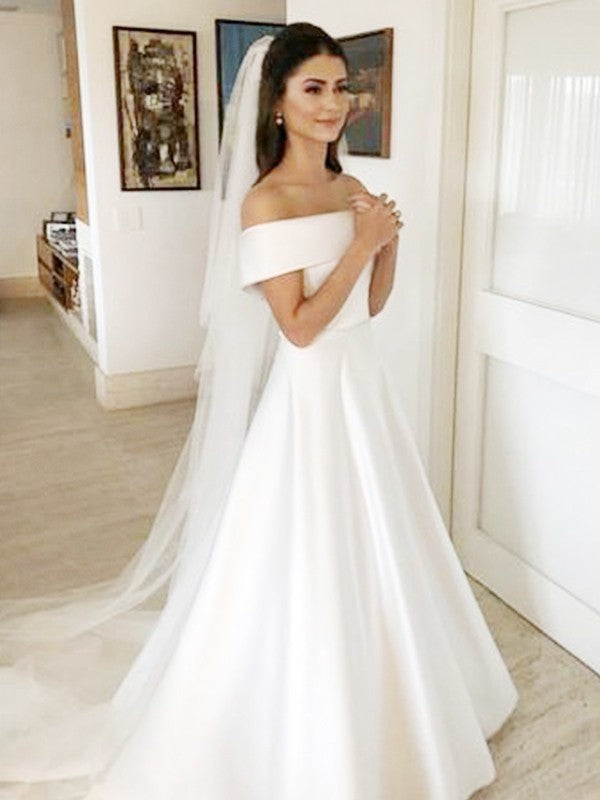 Aimishang A-Line/Princess Off-the-Shoulder Sleeveless Sweep/Brush Train Ruffles Satin Wedding Dresses