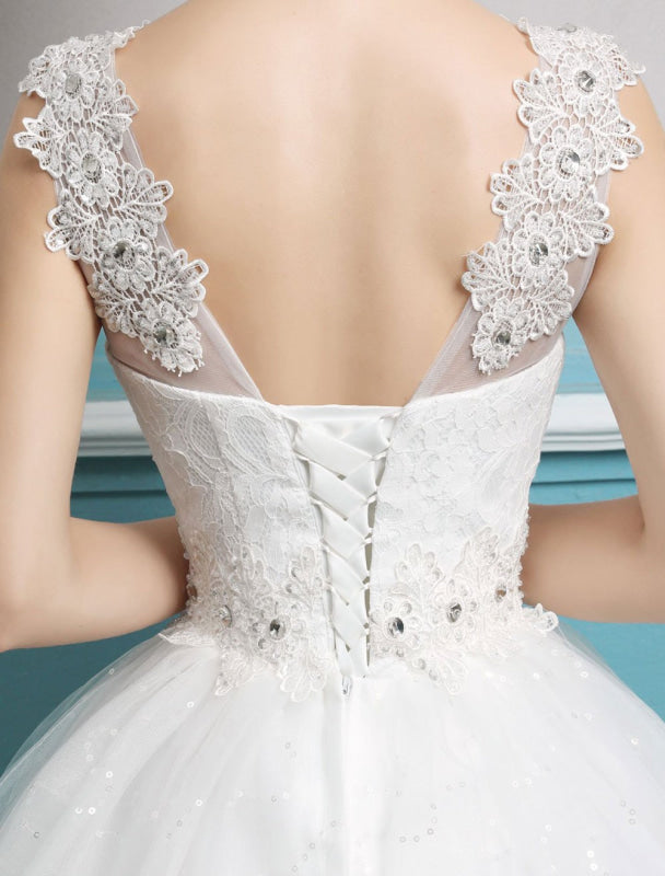 Tulle Princess Ball Gown Wedding Dresses Backless Ivory Beading Bridal Dress