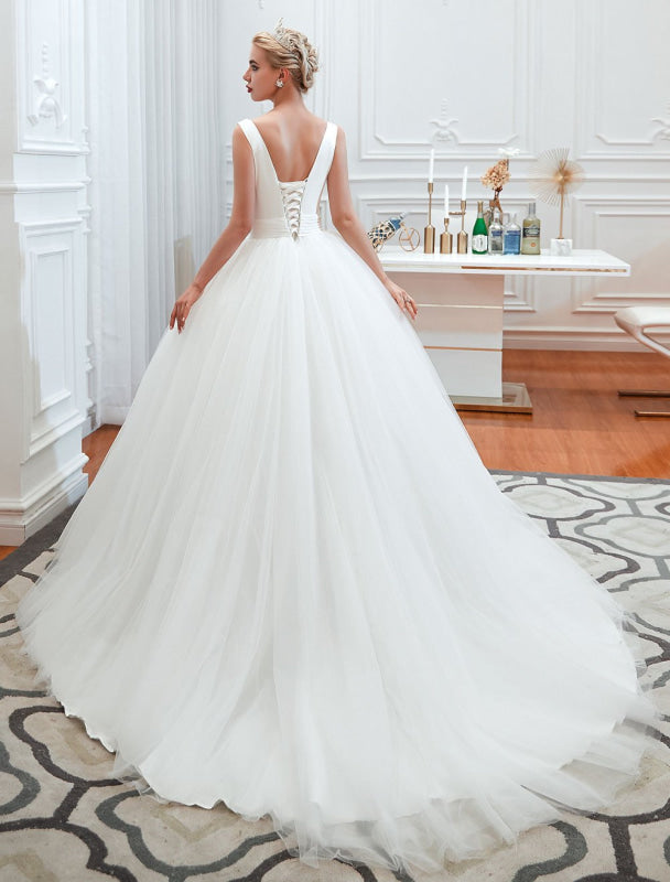 Princess Wedding Dress Ball Gown V Neck Sleeveless with Court Train