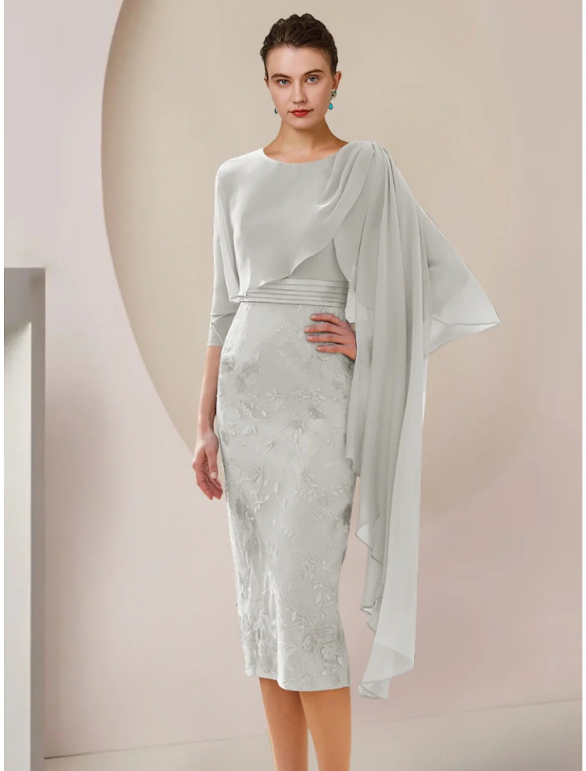 Aimishang A-Line Mother of the Bride Dress Wedding Guest Elegant Petite Jewel Neck Tea Length Chiffon Lace Half Sleeve with Ruching Solid Color