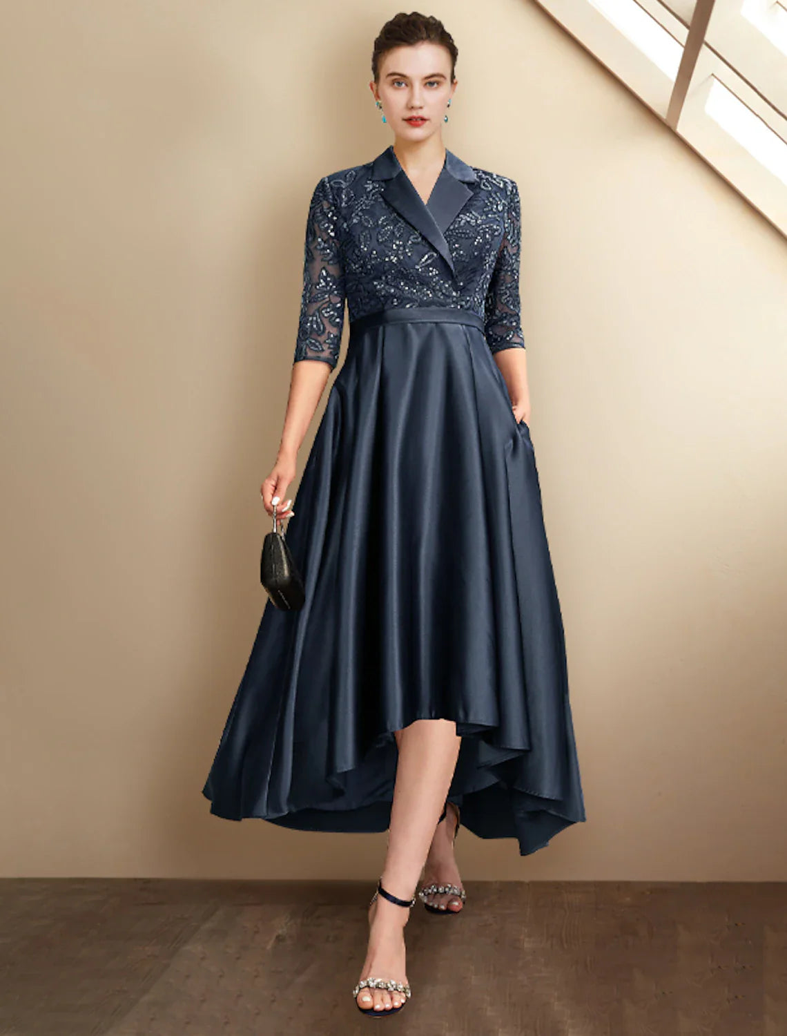 Aimishang A-Line Mother of the Bride Dress Plus Size Elegant High Low Shirt Collar Asymmetrical Tea Length Satin Lace Half Sleeve with Pleats Sequin Appliques