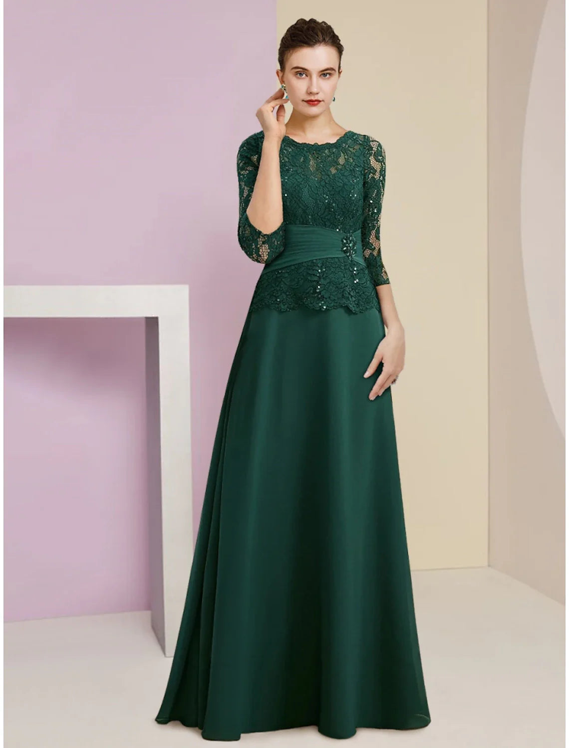 Aimishang A-Line Mother of the Bride Dress Wedding Guest Elegant Scoop Neck Floor Length Stretch Chiffon 3/4 Length Sleeve with Lace Sequin Ruching