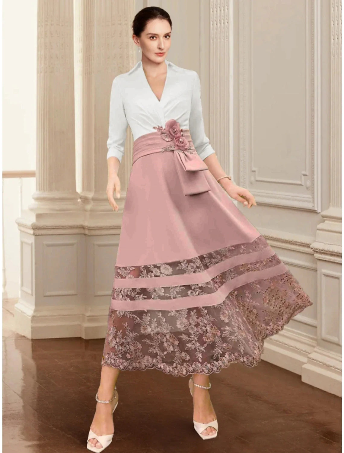 Aimishang A-Line Mother of the Bride Dress Wedding Guest Elegant V Neck Ankle Length Stretch Chiffon 3/4 Length Sleeve with Lace Ruching Flower