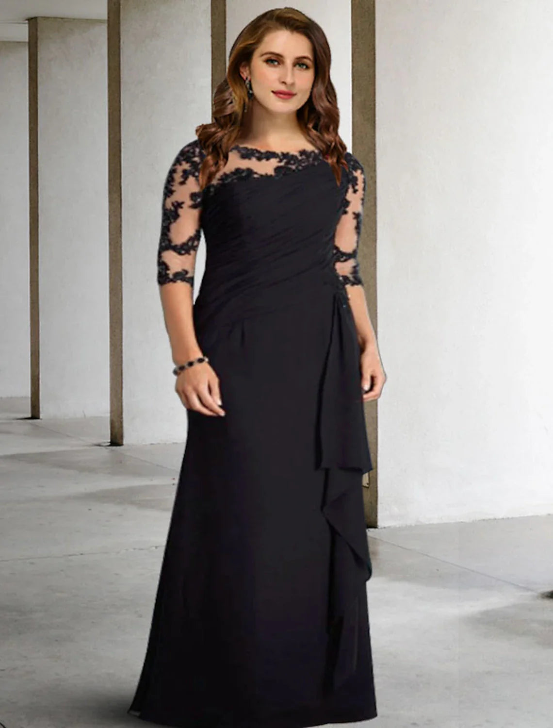 Aimishang A-Line Mother of the Bride Dresses Plus Size Hide Belly Curve Elegant Fall Wedding Guest Dress Formal Floor Length Half Sleeve Jewel Neck Chiffon with Pleats Ruched Appliques