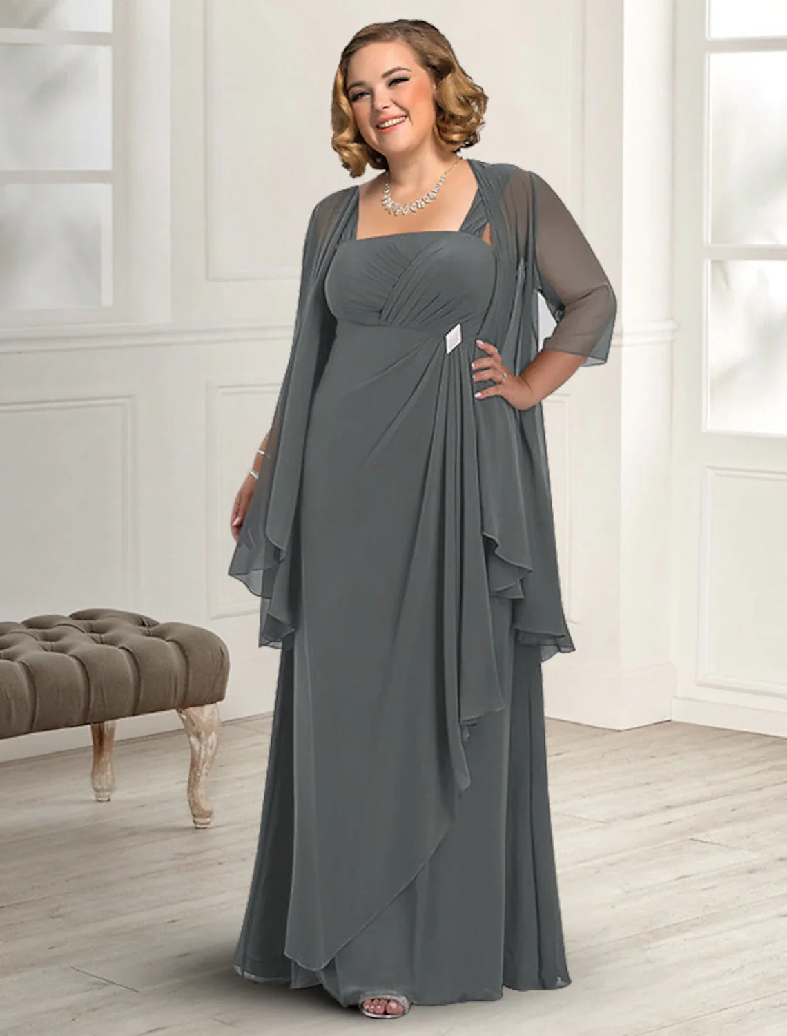 Aimishang Two Piece A-Line Mother of the Bride Dress Fall Wedding Guest Dresses Plus Size Elegant Square Neck Floor Length Chiffon Sleeveless Jacket Dresses with Pleats