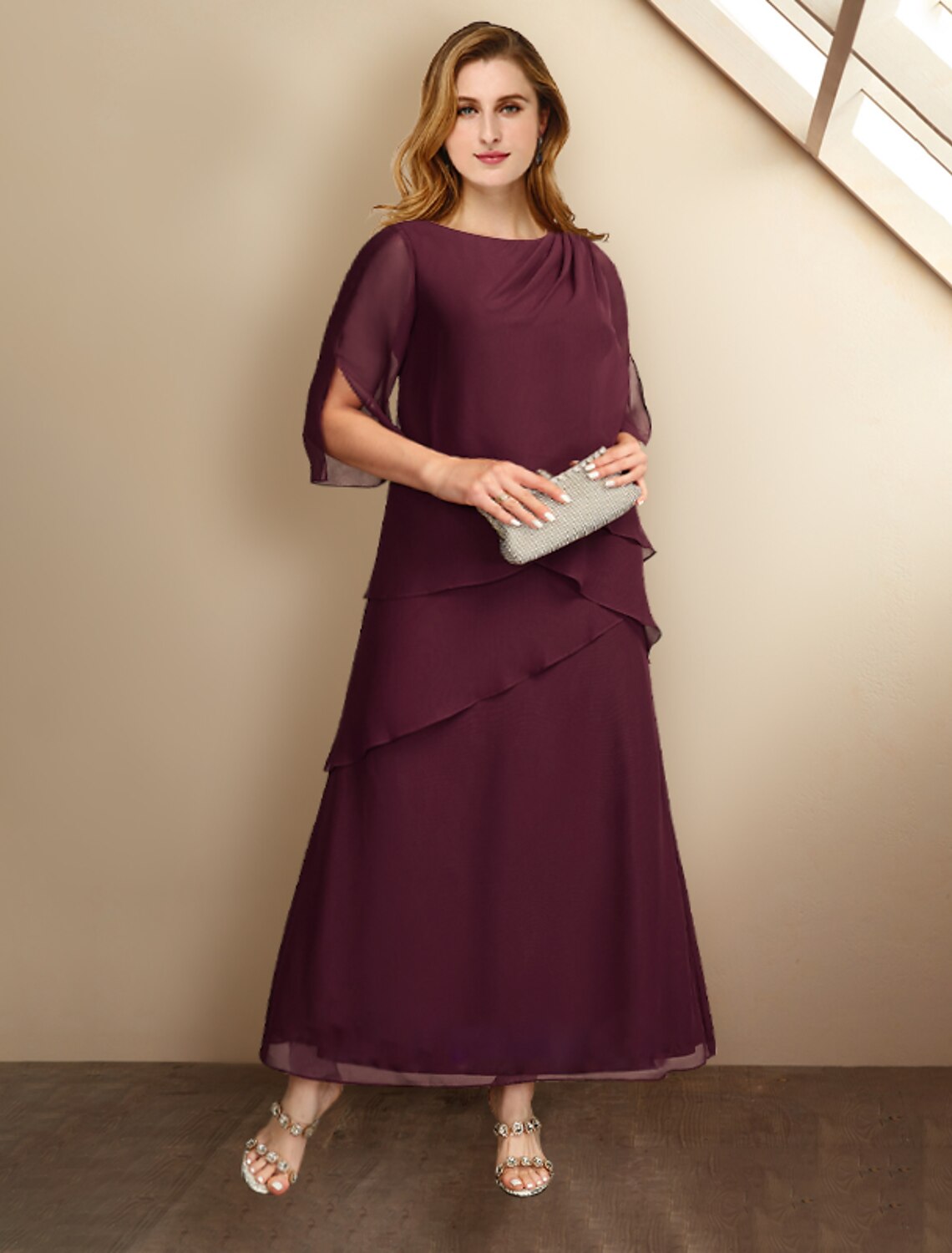 Aimishang A-Line Mother of the Bride Dresses Plus Size Hide Belly Curve Elegant Dress Formal Ankle Length Half Sleeve Jewel Neck Chiffon with Ruffles