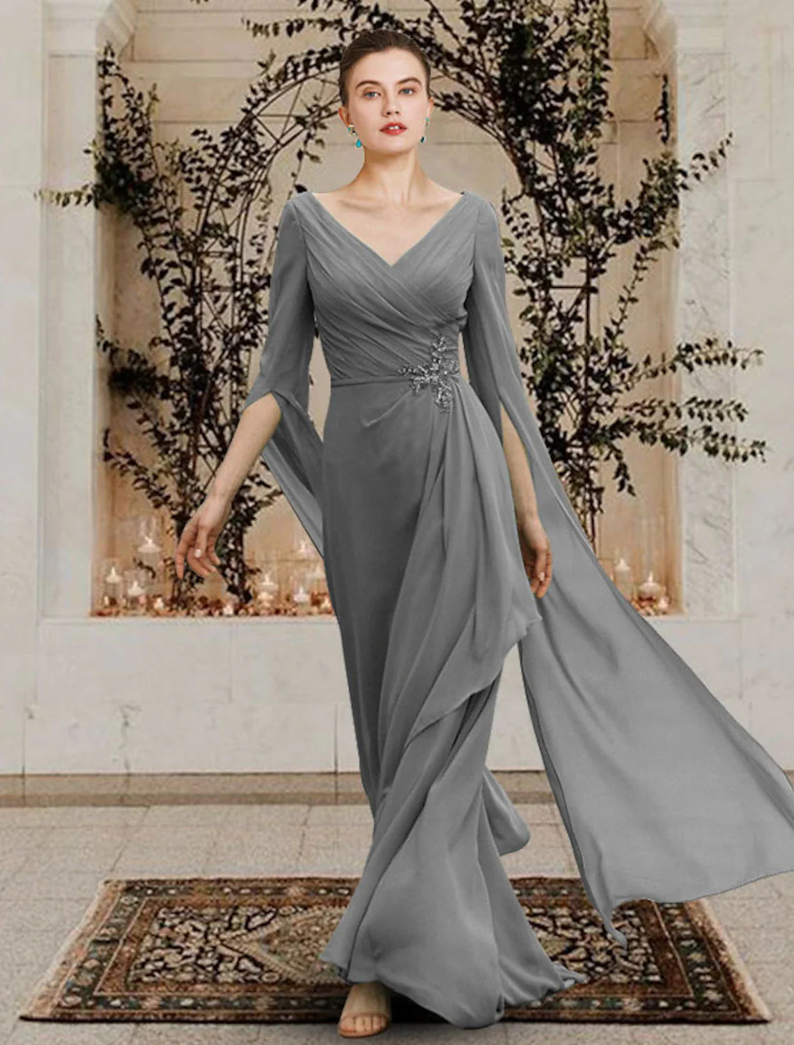 Aimishang Sheath / Column Mother of the Bride Dress Elegant V Neck Floor Length Chiffon Half Sleeve with Beading Side-Draped