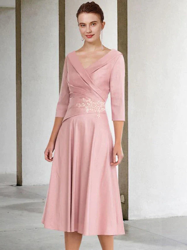 A-Line Mother of the Bride Dress Vintage Elegant V Neck Tea Length Satin Lace Half Sleeve with Appliques Side-Draped