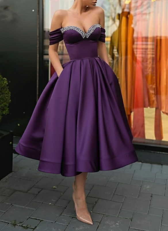 Off Shoulder Satin Tea Length Prom Dresses Sequins Pink Formal Graduation Evening Dresses