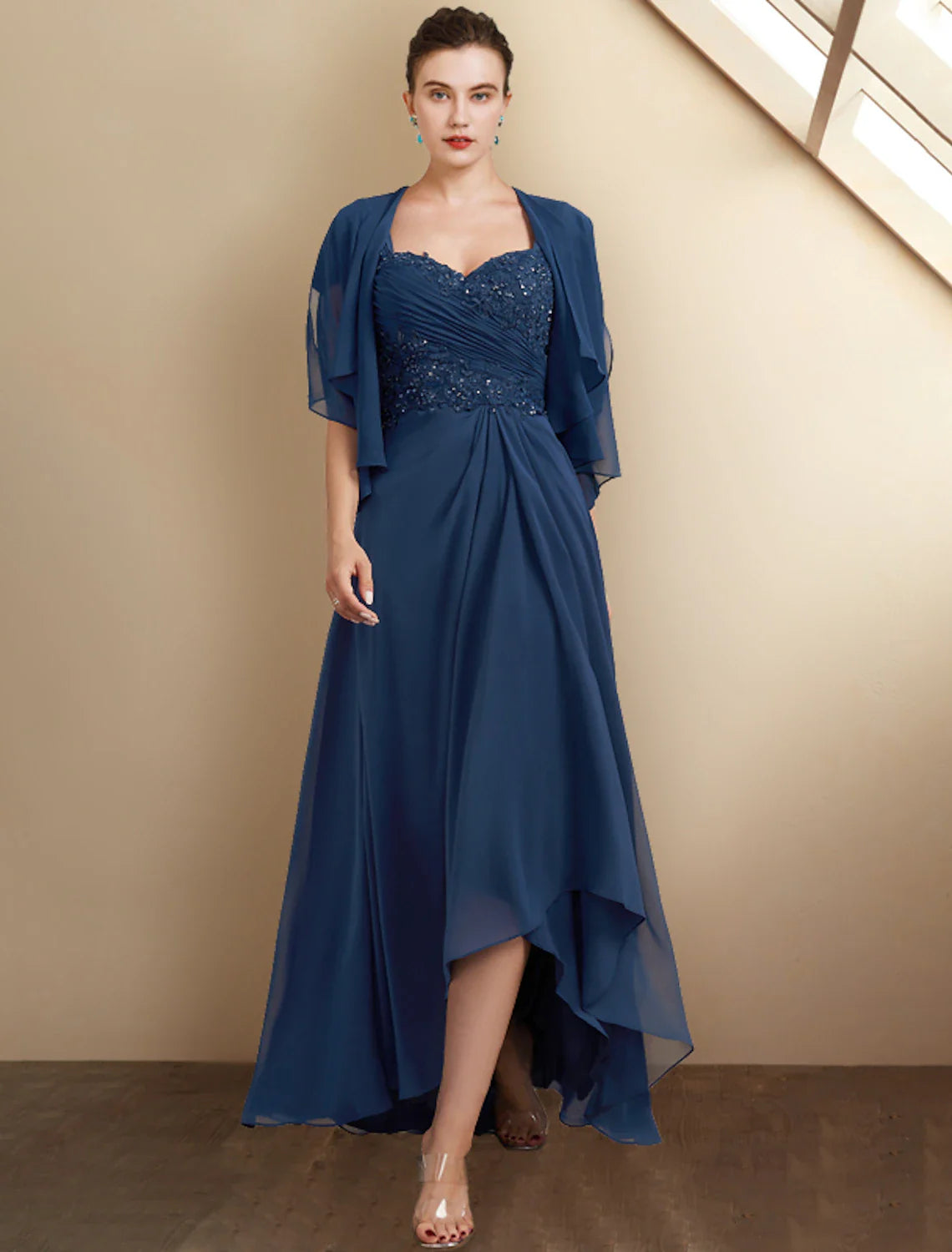 Aimishang A-Line Mother of the Bride Dress Wedding Guest Elegant High Low Square Neck Asymmetrical Tea Length Chiffon Lace Cap Sleeve Fall Wrap Included with Sequin Appliques Side-Draped
