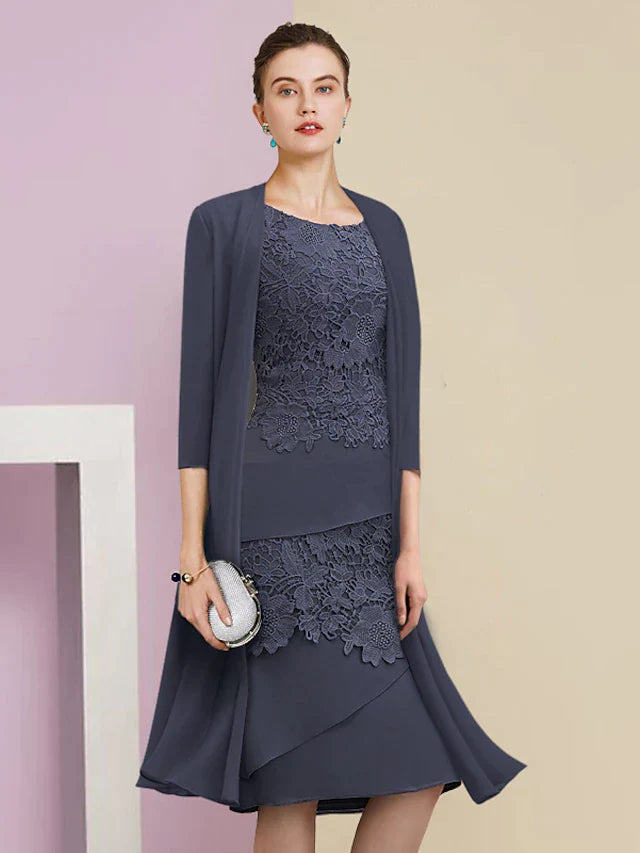 Two Piece Sheath / Column Mother of the Bride Dress Formal Wedding Guest Vintage Elegant Scoop Neck Jewel Neck Knee Length Chiffon Lace Short Sleeve Jacket Dresses with Tier Appliques