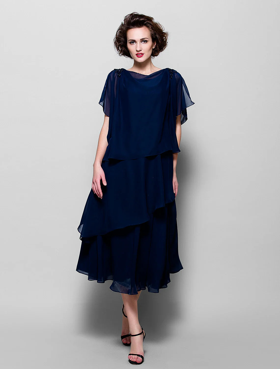 Aimishang A-Line Mother of the Bride Dress Plus Size Elegant Cowl Neck Tea Length Chiffon Short Sleeve with Ruffles Crystal Brooch