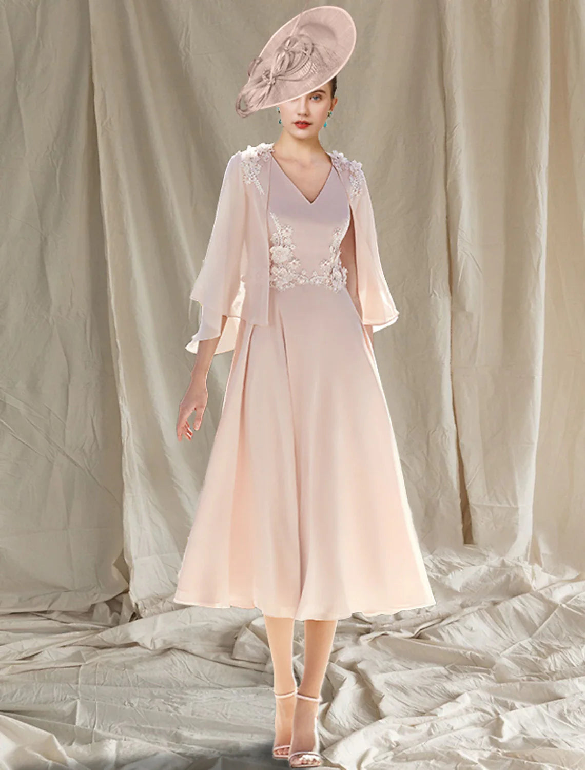 Aimishang Two Piece A-Line Mother of the Bride Dress Wedding Guest Church Elegant V Neck Tea Length Chiffon Sleeveless Wrap Included with Appliques
