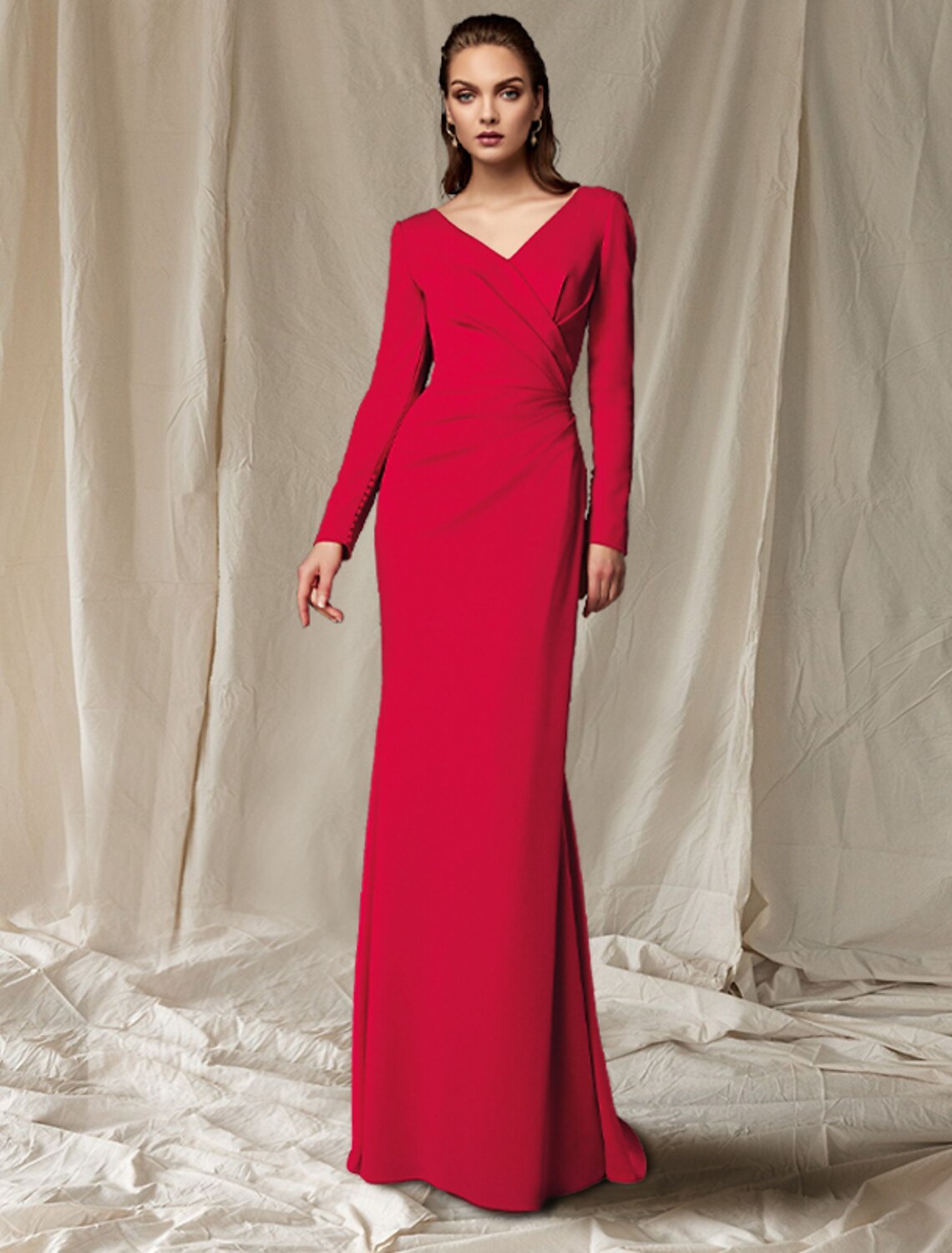 Aimishang Mermaid / Trumpet Mother of the Bride Dress Elegant V Neck Sweep / Brush Train Stretch Fabric Long Sleeve with Buttons Side-Draped