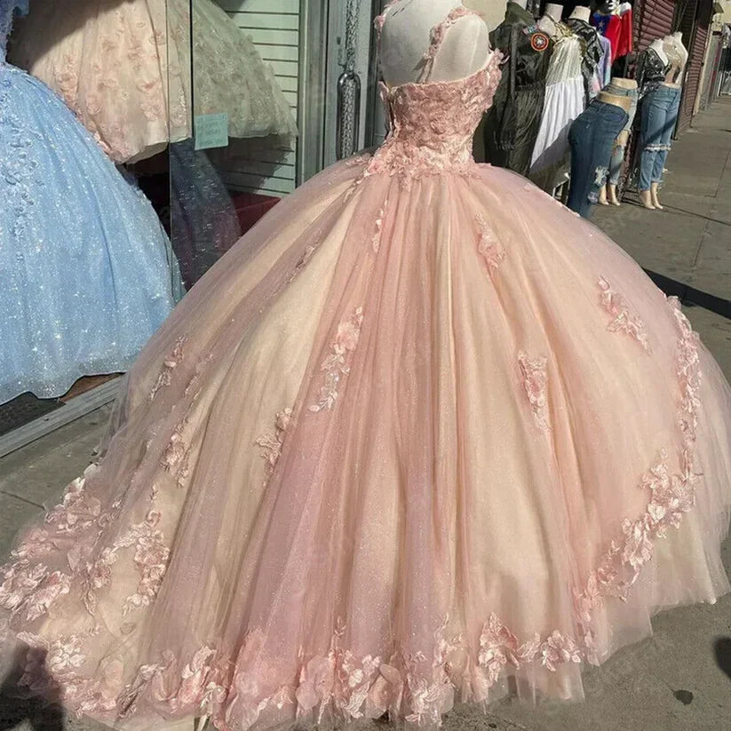 Retro Pink Sweetheart Appliqued 3D Flower A-Line Tulle 18 Birthday Quinceanera Dresses Evening Ball Gowns HZ1024